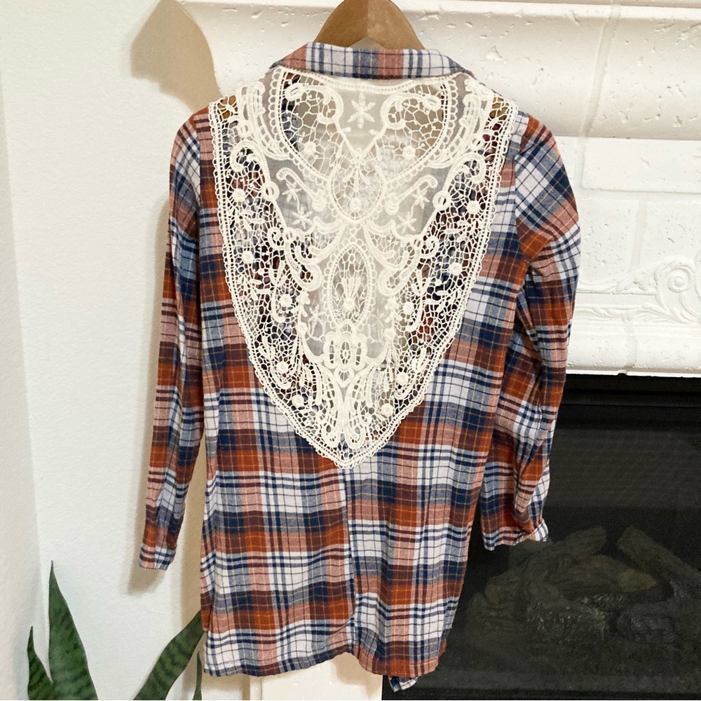 Lace-Back Plaid Flannel Shirt - Rust Blue